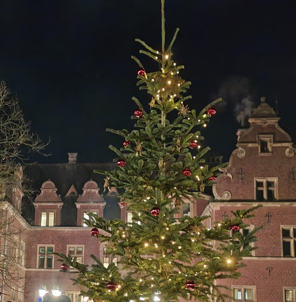 Ein geschmückter Tannenbaum vor dem Schloß Krickenbeck.